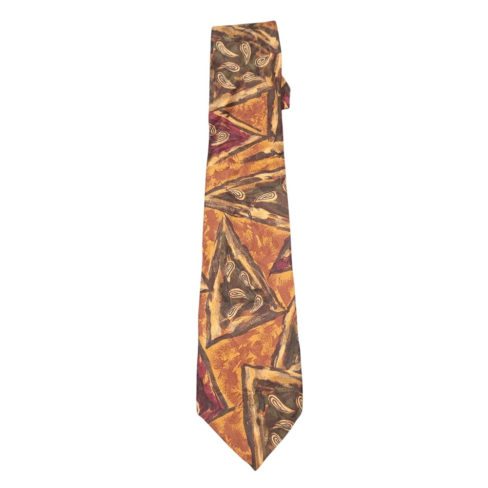 Villa Bugatti OS Necktie Mens Gold Brown Paisley Geometric 100% Italian Silk Tie